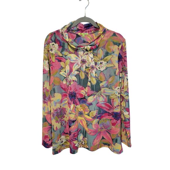 Trisha Tyler XL Bright Color Floral LS Mock Turtle Neck Tie Blouse Wearable Art - Picture 1 of 9
